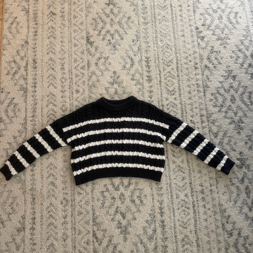 Jessica Simpson Black and White Striped Cropped Crew Sweater